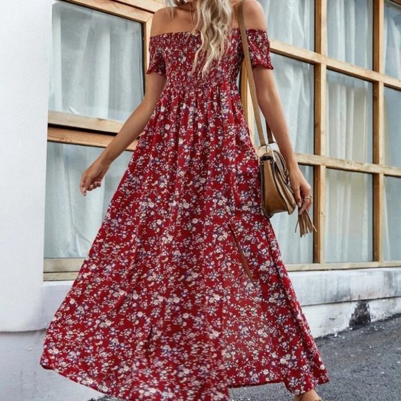 Floral High Split Off Shoulder Dress red - Picture 2 of 7